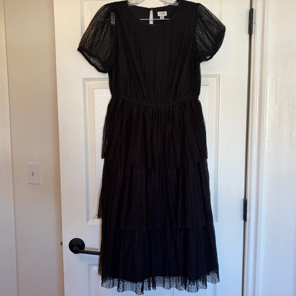 J.Crew Black Tiered Puff-Sleeve Midi Dress with Subtle Sheer Texture